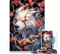 White Wolf with Red Markings And Flowers Jigsaw Puzzles 1000 Cognitive Skill Toy Smooth Burr Free Surface Relaxing Indoor Group Activity (38x52cm)