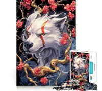 White Wolf with Red Markings And Flowers Jigsaw Puzzles1000 Pieces Recall Skill Fun Professional Grade Cutting Thoughtful Gift for Mind Activity (38x26cm)