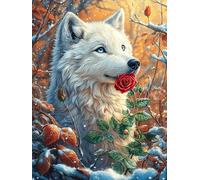 White Wolf with Rose in Forest 300 Piece Complete Jigsaw Puzzle Set Mitos Cuento De Hadas Teens Beginners Educational Challenge Puzzle Fans Group Play Anniversary Quality Material 300 PCS