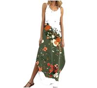 White Women Maxi Long Dress Summer Casual Sleeveless V Neck Maxi Dresses with Pocket Loose Beach Dress Ladies Plain Tunic Tank Dresses XL
