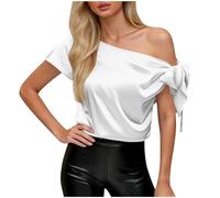 White Women Satin Blouse Off Shoulder Tie Knot Silk Party Tops Fashion Solid Short Sleeve Office Work Wear Tunic Shirts Elegant Comfy Pleated Shirt Happy New Year Clothes Womens Party wear M