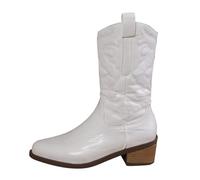 White Women Western Cowboy Boots Metallic Pointed Toe Embroidered Cowgirl Boot Mid-Calf Pull-On Chunky Heel Ankle Mid Shaft Fashion Boots Country Music Festival Vintage Calf Length Booties UK 6.5