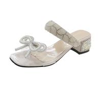 White Women's Elegant Bow Glitter Block Heels Mules Evening Bridesmaid Wedding Occasion Open Toe Glitter Diamante Party Sandals Shoes Chunky Clear Slide Ladies Footwear Size 6.5