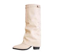White Womens Fold Over Knee High Boots Pointed Toe Chunky Block Heel Platform Long Boots Wide Calf Slouchy Pull On Dress Tall Booties Chic and Grace Riding Biker Boot Country and Western Shoes size 4