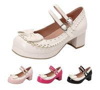 White Women's Girls Kawaii Mid Block Heel Mary Jane Sweet Bowknot Double Buckle Strap Platform Round Toe Chunky Heel Cute Sweet Shoes Pumps Party Dress Shoes Footwear UK Size 6