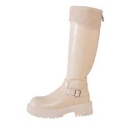 White Women's Knee-High Boots Chunky Heel Knight Style Winter Thick-Soled