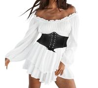 White Women's Pirate Off Shoulder Mini Dress With Integrated Shorts - Long/Short Sleeve Ruffle A Line Costume 2 in 1 Summer Boho Beach Dress