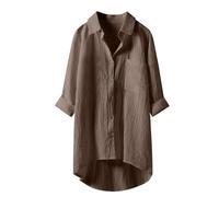 White Women's Plain T-Shirt Cotton Lapel 3/4 Sleeve Tee Shirt Women Large Size Shirt Linen Summer Top Blouse Long Top Solid Color Tunic Loose Tops Breathable with Button Tops, khaki, M