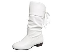 White Womens Round Toe Pleated Boots Rear Lace Up Low Heeled Warm Knight