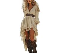 White Women's Vintage Western Cowboy Dress - Floral Lace Trim Off Shoulder Flare Dress Halloween Costume 70S Inspired Prairie Outfit Country Party Dresses Ladies Cowgirl Retro Cosplay Wear