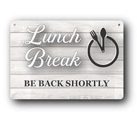 White Wood Effect 'Lunch Break Be Back Soon' Sign - UV Printed Aluminium Composite Hanging Sign with Twine - Indoor Outdoor Use - Business Retail Shop Keepers Traders Closed Sign - 210x143mm
