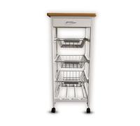 White Wooden 2 & 3 Tier Rolling Kitchen Trolley Basket Organiser Cabinet Cart (3 Basket + 1 Wine Rack)