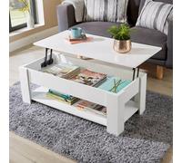 White Wooden Coffee Table With Lift Up Top Storage Area And Magazine Shelf