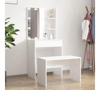 White Wooden Dressing Table Set with LED Lighting, Stool, Storage Space and Mirror, 60 x 40 x 140 cm, Makeup Table for Bedroom, Girl's Room, Bathroom, with USB Port