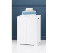 White Wooden Laundry Bin, Bathroom Storage Cabinet - tongue and groove style