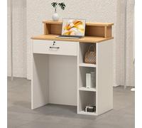 White Wooden Reception Desk 80cm Checkout Counter with Locking Drawer for Office Retail Salon & Lobby - Compact Front Desk for Small Spaces