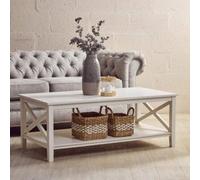 White Wooden Rectangular Coffee Table with Lower Shelf and X Frame Side Panels |
