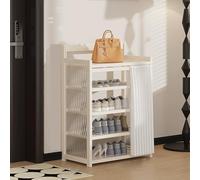 White Wooden Shoe Rack with Dust-Proof Curtain, Removable Shelves, Translucent Side Panels - Entryway, Bedroom, Hallway nizer (90x23x75cm)
