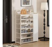 White Wooden Shoe Rack with Dustproof Curtain, Removable Shelves, Translucent Side Panels - Entryway, Bedroom, Hallway Storage nizer (90x23x105cm)