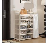 White Wooden Shoe Rack with Dustproof Curtain, Removable Shelves, Translucent Side Panels for Entryway, Bedroom, Hallway - Stylish Storage Solution (90x23x87cm)