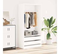 White Wooden Wardrobe 100 x 50 x 200 cm with 2 Drawers and Clothes Rail, Compact Storage for Bedroom, Hallway and Dressing Room, Modern Design with Lots of Storage Space