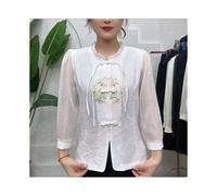 (White, XXXL) Summer Chinese Style National Style Disc Buckle Flower Disc Embroidered Shirt New Three-point Shirt Temperament Slimming Top