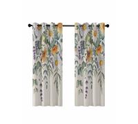 White Yellow Daisy Blackout Curtains for Bedroom Living Room, Vintage Eucalyptus Leaves Lavender Spring 63 In Long Thermal Insulated Room Darkening Drapes Grommet Window Treatments, 52 x 63 In