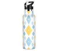 White Yellow Quadrangle Decor Leakproof BPA Free Gym Water Bottle 20 Oz with Straw Double Wall Vacuum Insulated Bottles for Travel, Camping, Bike