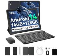 Whitedeer 10 inch Tablet Android 14, 14GB+128GB/2TB Expanded, Octa-Core Tablets, 800 * 1280 HD丨WiFi 6丨BT 5.0丨5000mAh丨5MP+8MP, Widevine L1, Tab with Keyboard丨Mouse丨Stylus丨Tablet Case丨 Headphone(Black)
