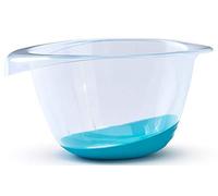 Whitefurze 2L BPA-Free Clear Plastic Mixing Bowl with Non-Slip Teal Silicone Base | 20 x 12 cm Kitchen Cooking, Baking & Salad Bowl with Pouring Spout | Stackable Plastic Serving Bowls for Parties