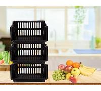 Whitefurze Large 3 Tier Stacking Baskets Storage Veg Rack Plastic Stackers, Black, 35 x 12 x 34 cm