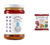 WhiteMausu Extra Hot Peanut Rayu - 240g + Primadeli Snack | Spicy Chilli & Peanut Sauce with Garlic, Sesame & Gochugaru | Vegan Sweet & Savoury Condiment for Any Meal | from SuperfoodUK (Pack of 1)