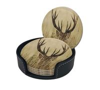 Whitetail Deer Fawn In Wilderness Stag Coasters For Drinks Set Of 6, Round Leather Coaster With Holder Drink Coffee Cup Mat Tea Pad Table Pad For Mugs And Cups