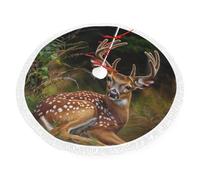 Whitetail Deer Fawn in Wilderness Stag Print Christmas Tree Skirt 48 inch, Xmas Tree Skirts Mat with Fringe Border for Christmas Holiday Party Decorations