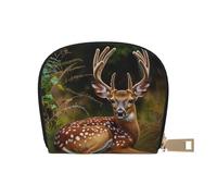 Whitetail Deer Fawn in Wilderness Stag Printed Leather Half Circle Card Wallet Zipper Card Case Holder, Compact Stylish for Men and Women