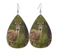 Whitetail Deer Fawn In Wilderness Stag Teardrop Faux Leather Earrings Set For Women Printed Lightweight Dangle Drop Pierced Girls