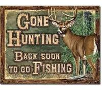 Whitetail Deer Metal Tin Sign Gone Hunting Back Soon To Co Fishing Retro Funny Poster Club Living Room Kitchen Home Art Wall Decoration Plaque 12x8