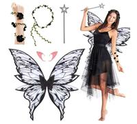 WhiteUniQoon Large Fairy Wings for Adults 80cm Butterfly Costume Set | Iridescent Organza, Wire Edges, Includes Star Wand, Includes Elf Ears, Halloween & Cosplay