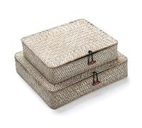 Whitewash Seagrass Storage Baskets with Lid Rectangular Organization Wicker Shelf Box Natural Woven Stackable Set of 2 (Large+Small)