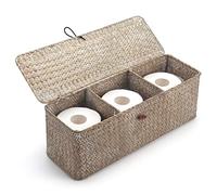 Whitewash Seagrass Tank Basket with Lid Woven Toilet Roll Storage Basket with Sections Rectangular for Organize Snack Toys (Large Compartment 42cm L x 14cm W x 14cm H)