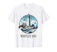 Whitley Bay Lighthouse Birds in Flight Rough Sea Value Graphic T-Shirt, Men, White, L