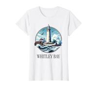 Whitley Bay Lighthouse Birds in Flight Rough Sea Value Graphic T-Shirt, Women, White, S
