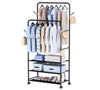 Whitmor Double Rod Clothes Rack: Metal Rolling Clothing Racks for Hanging Clothes, Heavy Duty Garment Rack with 3 Shelves, Portable Clothes Organizer for Bedroom, Laundry, Living Room, Black