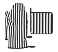 WHJDPP 3-Piece Kitchen Set: Thick Waterproof Oven Mitts & Pot Holder | Heat Resistant Microwave Gloves for Baking, Grilling, Anti-Scald Protection for Men Women Black & White Stripe Prints