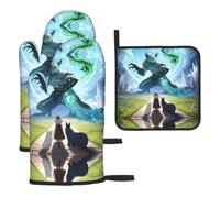 WHJDPP 3-Piece Kitchen Set: Thick Waterproof Oven Mitts & Pot Holder | Heat Resistant Microwave Gloves for Baking, Grilling, Anti-Scald Protection for Men Women Healing Beasts Prints