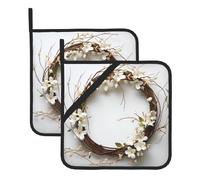 WHJDPP Beautiful Willow Branches and Wreaths Printing Square Insulated Pot Mat 2 Pieces Featuring a Convenient Side Hanging Rope for Easy Storage