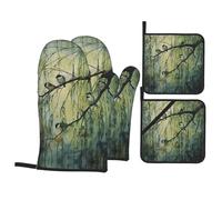 WHJDPP Birds Chirping On The Willow Tree Prints Kitchen Baking 4-Piece Set with Heat Resistant Pot Holders & Oven Mitts - Waterproof Layer for Easy Clean, Great for Grilling & Baking
