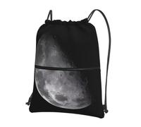 WHJDPP Black Background Moon Prints Drawstring Zipper Backpack - Lightweight Water-Resistant Sport Gym Bag with Front Pocket & Internal Organizer - Ideal for Travel, Yoga, and Hiking