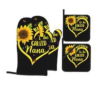 WHJDPP Blessed to Be Called Sunflower Prints Kitchen Baking 4-Piece Set with Heat Resistant Pot Holders & Oven Mitts - Waterproof Layer for Easy Clean, BBQ Grill & Dishware Protection