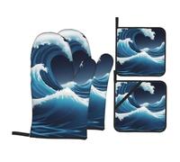 WHJDPP Blue Ocean Wave Prints Kitchen Baking 4-Piece Set with Heat Resistant Pot Holders & Oven Mitts - Waterproof Layer for Easy Clean, Great for Grilling & Baking